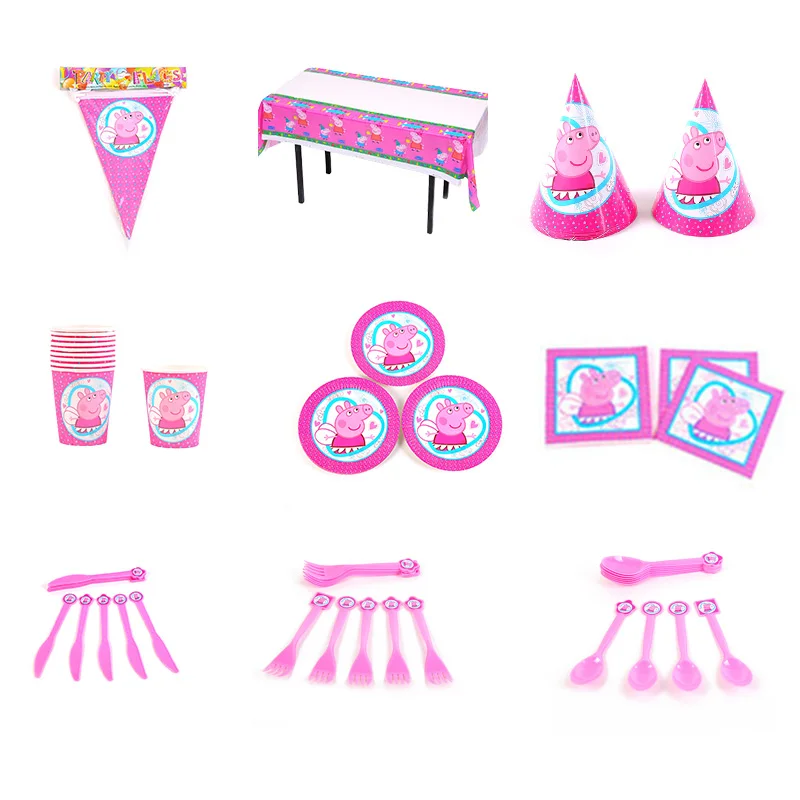 9 style set Фигурки Свинки Пеппы для детей на день рождения, праздник, Рождество, вечерние, набор бумажных стаканчиков, бумажная тарелка, шляпа на день рождения, Мультяшные сцены, реквизит - Цвет: 9 style set