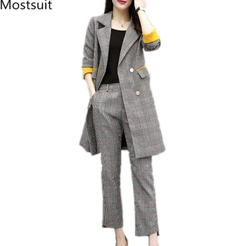 

2019 Autumn Plaid Office Two Piece Sets Suits Women Plus Size Long Suit And Pants Outfits Elegant England Style Fashion Sets