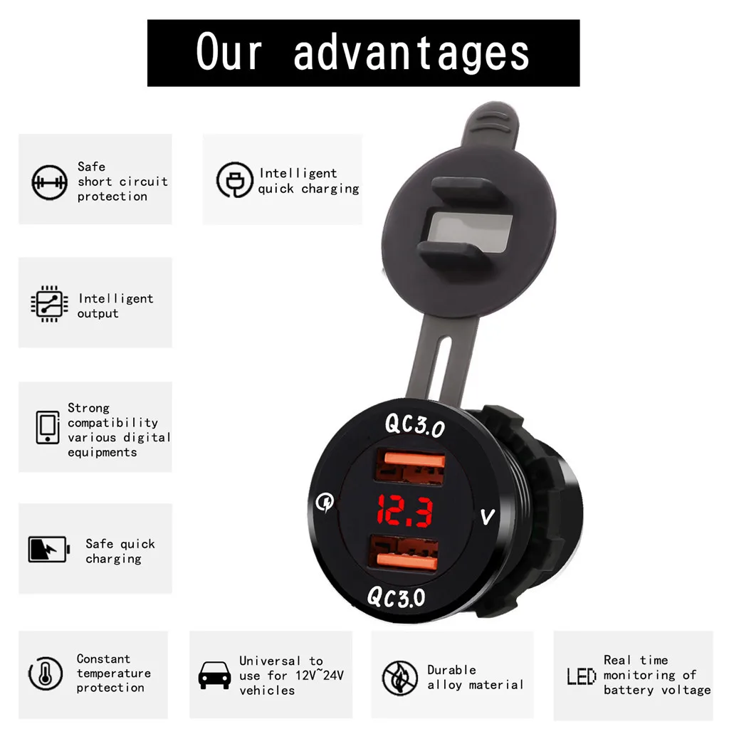 Алюминиевый сплав Быстрая зарядка QC 3,0 двойной USB зарядное устройство с Вольтметр черный и серебристый Водонепроницаемый Рейтинг: IP66 USB зарядное устройство# P10