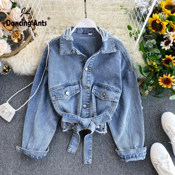 

Women Denim Coat Broken Holes Pockets Lace Up Single Breasted Slim Jacket Long Sleeve Female Fashion Vintage Outwear