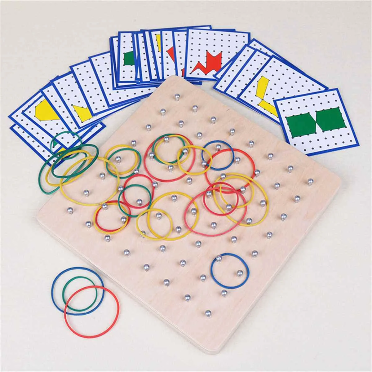 

Hot 17.8*17.8cm Develop Brain Power Wooden Childhood Toy Montessori Graphics Rubber Tie Nail Boards with Card Cognitive Puzzle t