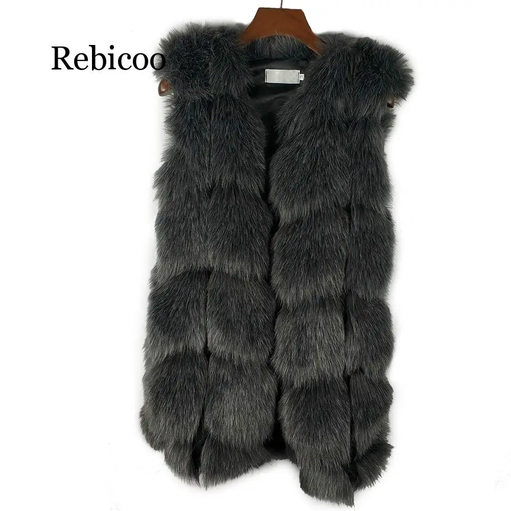 Dark Grey Пальто из искусственного меха, женская меховая жилетка, роскошная, Серебряная лиса, высокое качество, теплая зимняя женская куртка, 4XL, пальто, пальто - Цвет: Dark Grey