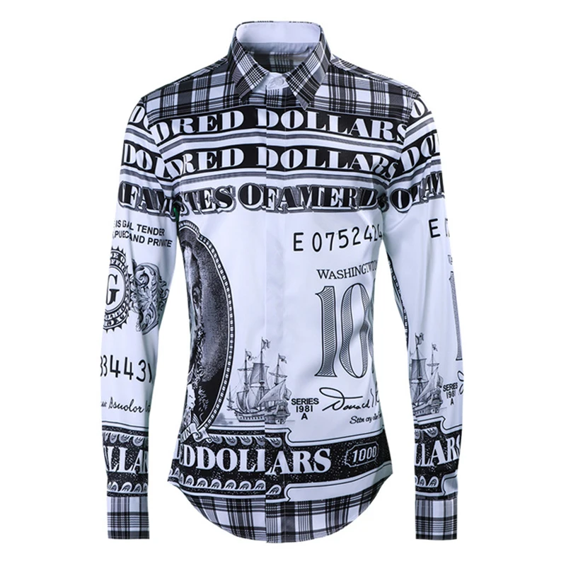 Letters Pattern Black Print White Shirts Men Long Sleeve Turn-down Collar Shirt Fashion Slim Fit Male Clothing Streetwear
