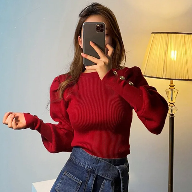 Red Women Sweater RICININA/женский свитер с длинным рукавом-фонариком и пуговицами, однотонный винтажный свитер для женщин, вязаные пуловеры, повседневный джемпер для девушек на весну - Цвет: Red Women Sweater