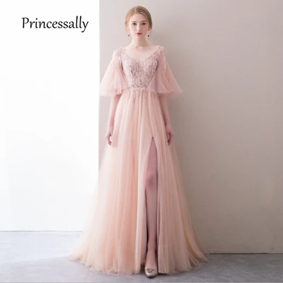 pink Новые роскошные розовые вечерние платья с рукавом-бабочкой, ручная работа с пайетками, торжественное платье для свадебной вечеринки, Vestido De Noiva - Цвет: pink