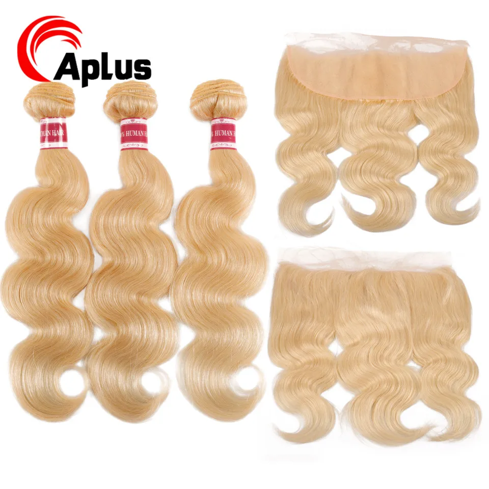 

613 Bundles With Frontal Brazilian Body Wave 3 Bundles With 13*4 Lace Frontal Remy Human Hair Blonde 3 Bundles with Closure