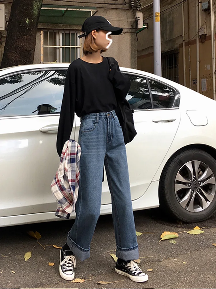 Spring And Autumn New Style Korean-style Slimming High-waisted Loose Straight Jeans First Love Pants Student Wide-Leg Trous