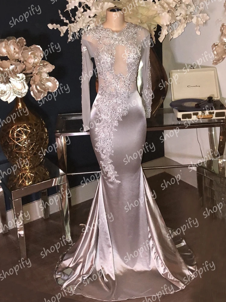 same as pic Длинное Элегантное платье для выпускного вечера es прозрачное с длинным рукавом Кружевное платье русалки африканская темнокожая девушка длина до пола Серебряное платье для выпускного вечера - Цвет: same as pic