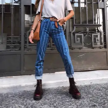 

2020 Spring Stripe High Waist Jean Women Blue Elasticity Skinny Denim Plus size Pants Office Ladies Vaqueros Mujer Female