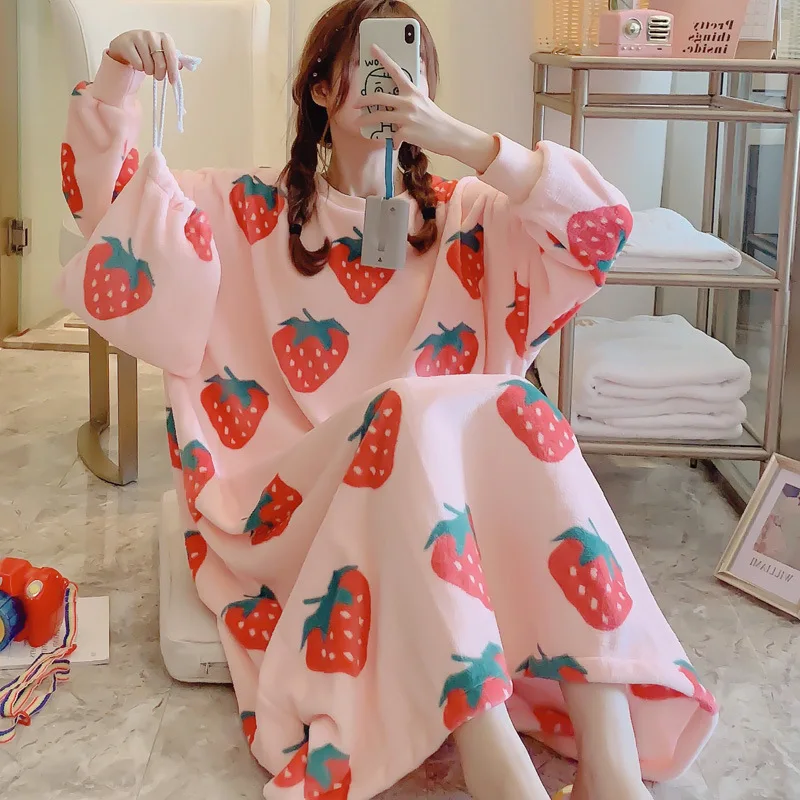 

Autumn And Winter Coral Velvet Nightgown Women's Winter Long Thick Pajamas Korean-style Sweet Cute Long Sleeve Cartoon Spring An