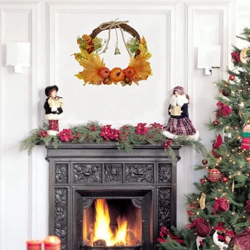 

NEW-Artificial Pumpkin Maple Leaves Berries Fall Halloween Thanksgiving Harvest Wreath for Home Indoor Outdoor Decoration