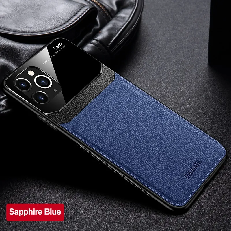 Защитный чехол для объектива для IPhone 11 Pro Max XS XR X из искусственной кожи, зеркальное закаленное стекло, задняя крышка для телефона для IPhone 8 7 6 6s Plus - Цвет: BLPG-Blue