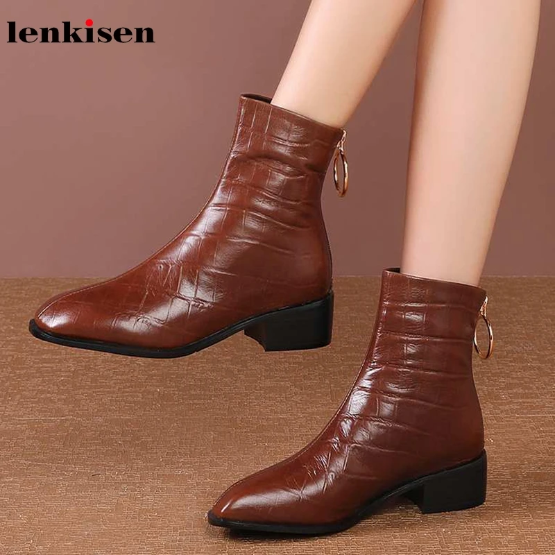 

Lenkisen European style genuine leather print gingham square toe med heels Zipper winter keep warm mature women ankle boots L7f2