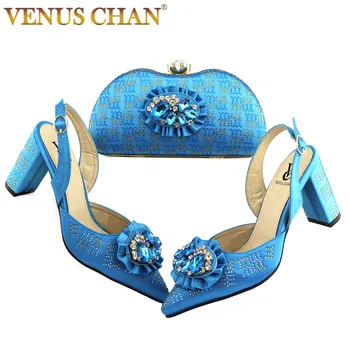 

Italian design New Fashion Rhomboid Rhinestone Style Wedding Ladies Shoes and Bag Set in Teal Color for Party