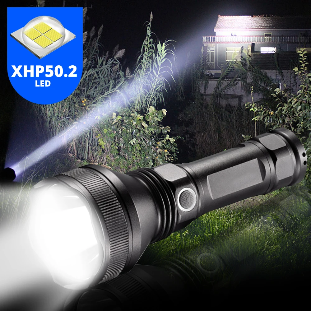 

40000LM XHP50.2 Powerful Tactical LED Flashlight Self-Defense Torch Waterproof Lamp USB Rechargeable use 18650 or 26650 battery