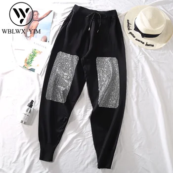 

High waist Harem Pants Women Fashion Rhinestones Elastic Waist Casual Joggers Female Loose Plus size Long Trousers Spring Autumn