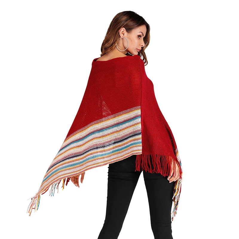 Women Cloaks Sweater Tops Tassel Poncho Cape Shawls Batwing Sleeve Knitted Sweaters Cloak Batwing Outwear Casual Striped Ponchos