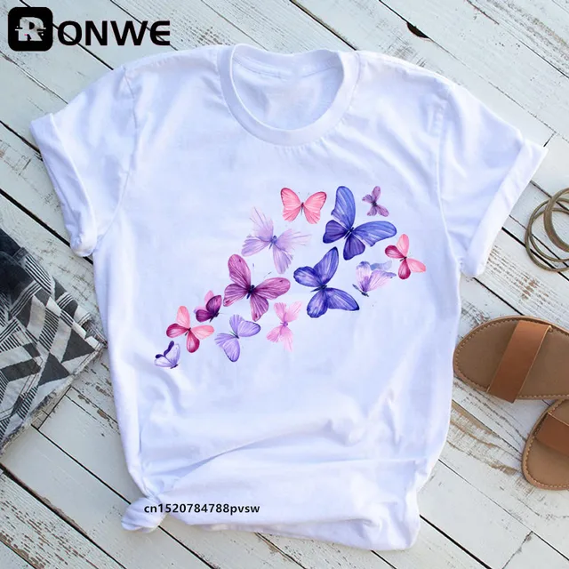 Woman Butterfly Tree Print Harajuku Summer Tshirts Casual Round Neck Short Slee Top Tee Shirt,Drop Ship B2021-10