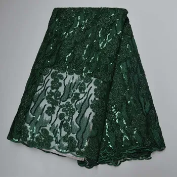 

French Nigerian Tulle Net Lace Fabric African Net Lace Fabric Dark green High Quality Sequins Lace Fabric Rhinestone Women Dress