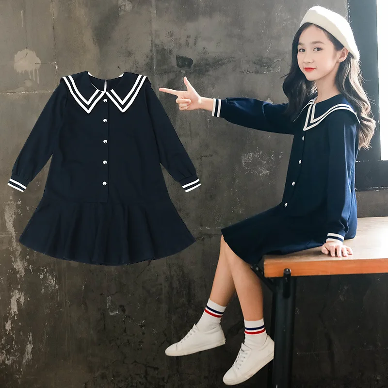 

Preppy Style Single Breasted Dresses For Teenage Girls Knee Length Ruffles Long Sleeve Cotton 2019 Autumn Dress Kids Clothing