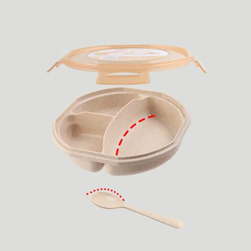 Круглая пшеничная соломенная коробка для ланча с ложкой Bento box креативная квадратная посуда