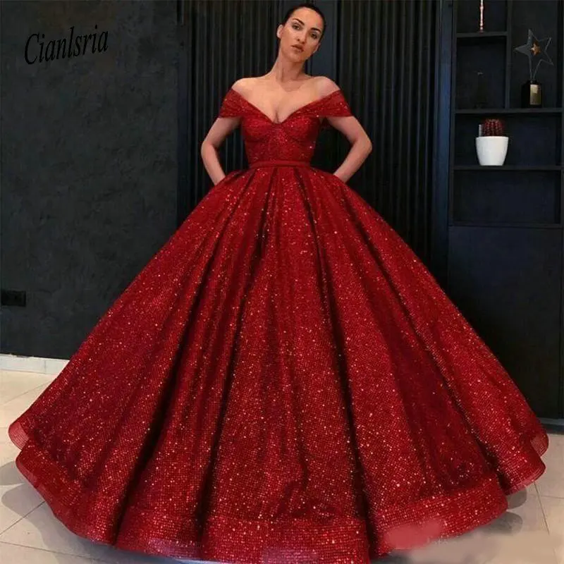 Красное бальное платье с открытыми плечами Бальные платья блестящие пайетки v-образный вырез Формальные платья для выпускного вечера Vestido de Fiesta