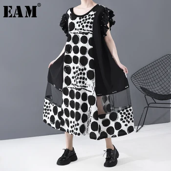 

[EAM] Women Black Dot Mesh Split Big Size Long Dress New Round Neck Long Sleeve Loose Fashion Tide Spring Summer 2020 JG62301
