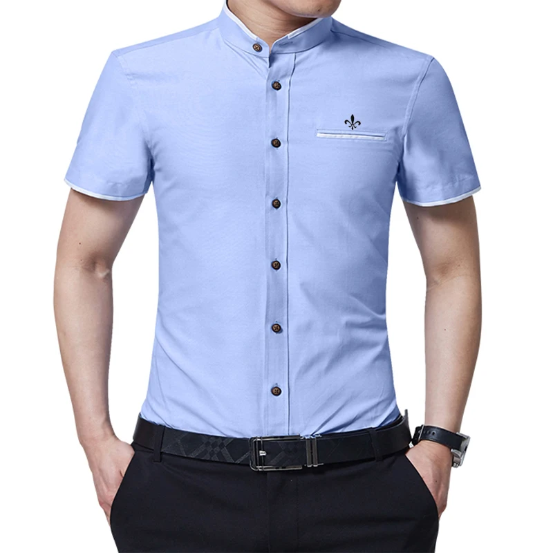 Dudalina стоячий воротник Blusa Camisa Social Masculina короткий рукав Оксфорд Поддельные карманы Slim Fit рубашка мужская одежда пуловер Мужской - Цвет: DCZ2301-SKY BLUE