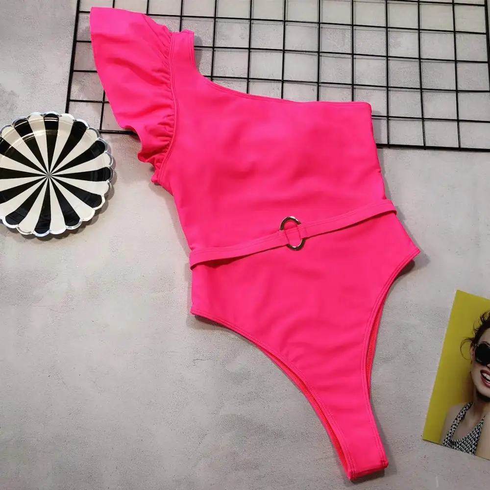 2020 Sexy Shoulder Ruffle One Piece Swimsuit Women Swimwear Female Halter Bathing Suits Beach Wear Backless Monokini Swim | Спорт и