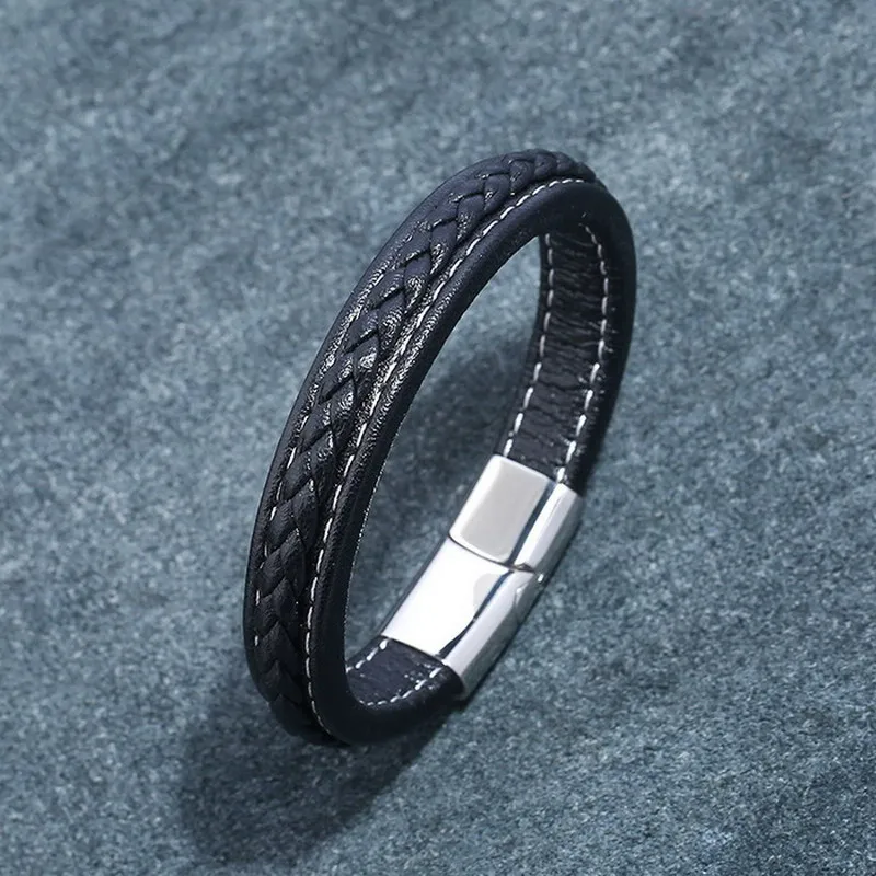 ST01681 New Classic Style Men Leather Bracelet Simple Black Brown Khaki Stainless Steel Button Neutral Accessories Hand-woven Jewelry - Окраска металла: ST01681