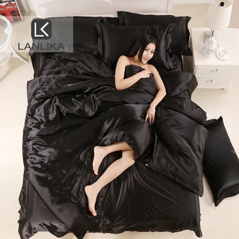 

Lanlika Pure Luxury Satin Silk Black Bedding Set Soft Duvet Cover Double Queen King Adult bed Linen Pillowcase Home Textiles