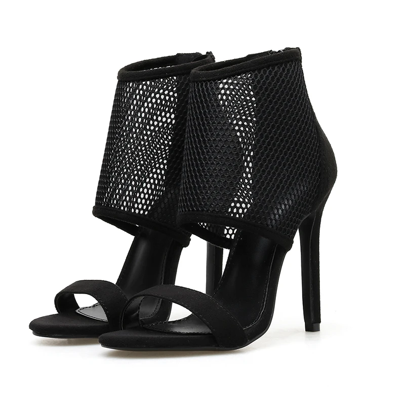 High Quality Women Pumps Open Toe High Heeled Summer Boots Mujer Zapatos Sexy Hollow Out Mesh Ankle Strap Party Nightclub Pumps