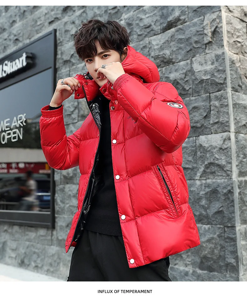 waterproof puffer jacket Winter 90% white duck down men's shiny down jacket men's short new couple models hooded down jacket Just for u Winter Down Parka mens puffer jacket