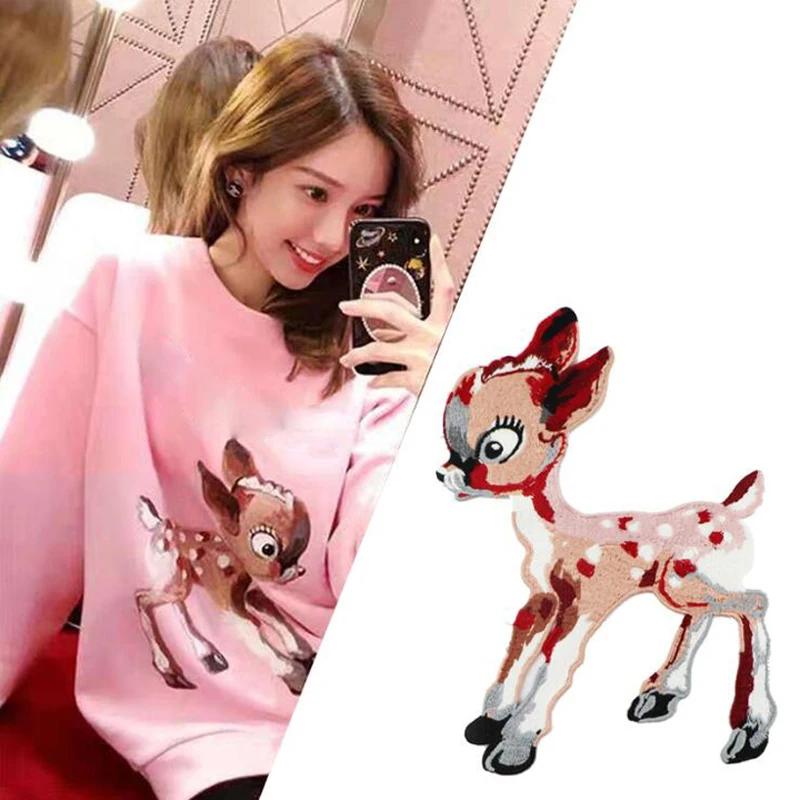 

1ps Cute Bambi deer Pattern Embroidery Patch Motif Applique DIY Sew-On T-shirt Clothes Sticker Decorative Decals