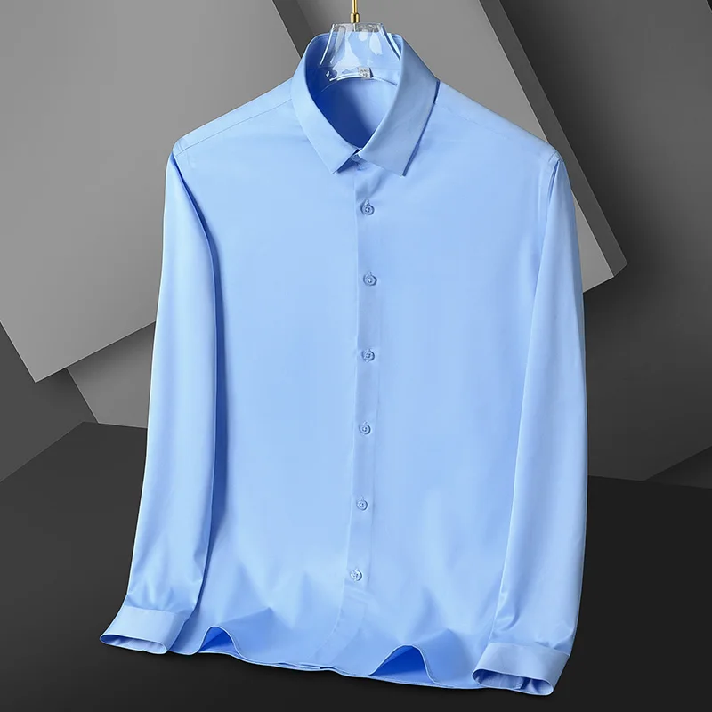 Men Shirts Stretch Solid Long Sleeve No Chest Pocket