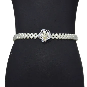 

2019 New Women's Elegant Dress Waist Chain Belt Female Flowers Crystal Elastic Stretch Pearl Chain Belts for Women Waistband