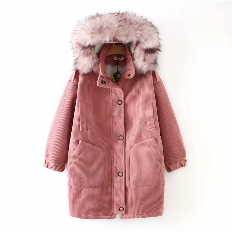 

Korean-style Corduroy Cotton-padded Clothes WOMEN'S Coat Winter Stripes Hooded Loose-Fit Mid-length Lambs Wool Brushed And Thick