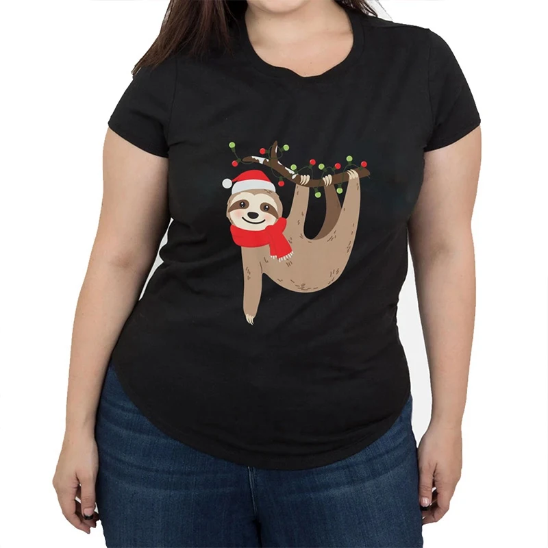 W35369BK Camiseta de las mujeres, женская футболка с принтом "Ленивец", забавные рубашки с короткими рукавами, Повседневная графическая футболка с круглым вырезом размера плюс - Цвет: W35369BK