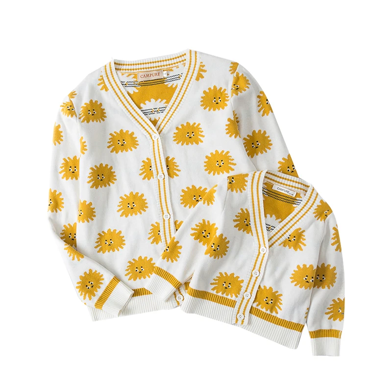 Baby Girls Korean Sweater Autumn/Winter New Sun Chrysanthemum Cardigan V-Neck Sweater Mother And Daughter Parent-Child Wear 2020