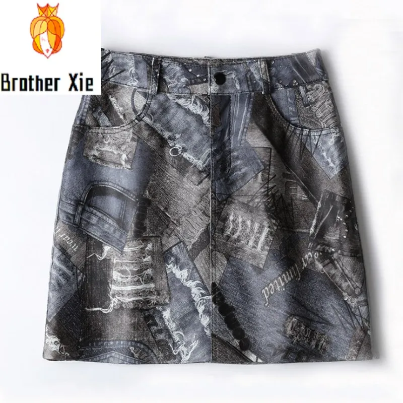 

2020 Designer Anti-Wrinkle Sheepskin Skirt Women Autumn Print A-Line Short Leather Skirts Female High Waist Pencil Skirt Tide