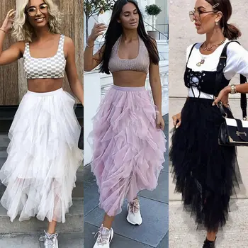 

2020 Newest Hot Fashion Summer Women Lady Sexy Tulle Mesh Skirt Elastic High Waist Layers Pleated Maxi Long Skirt