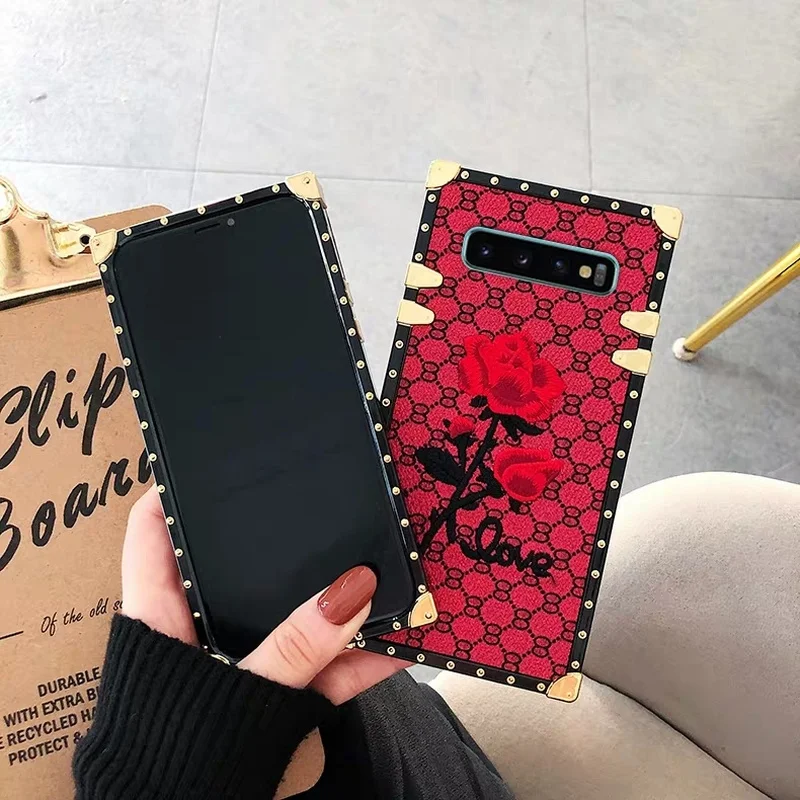 For Samsung Galaxy S10 S9 S8 Plus Note 9 A50 A70 Square Back Cover 3D Embroidery Rose Flower Phone Case Luxury Metal Rivet Frame