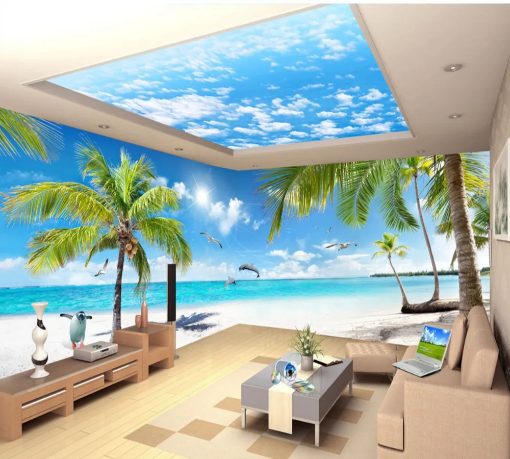 

Drop Shipping Custom 3d Wallpaper HD 10 Meter Coconut Tree Landscape Huge Living Room TV Background Wall Beach Vacation Mural