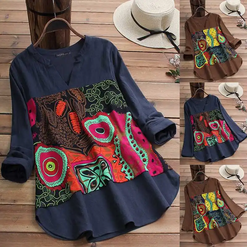 Kaftan, хлопковые топы, женская блузка с принтом,, ZANZEA, повседневные рубашки с длинным рукавом, женские блузы с круглым вырезом, Лоскутная сорочка размера плюс