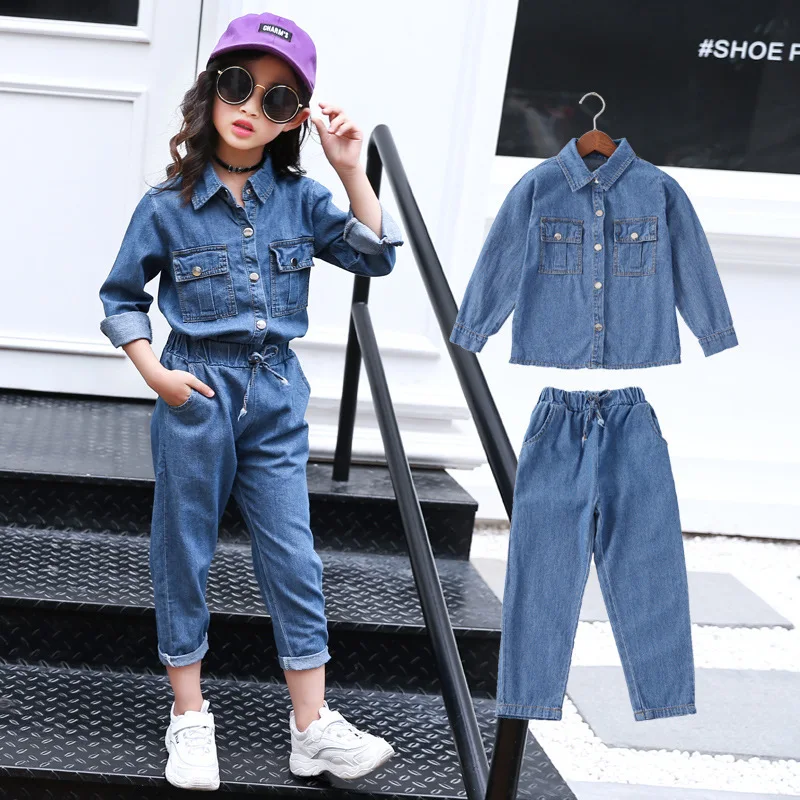 Крутые джинсовые костюмы для девочек на весну и осень блузка пуговицах длинные