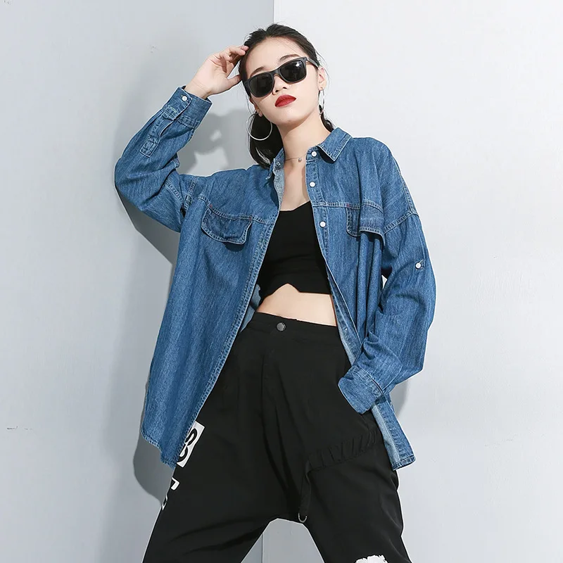 Max LuLu/ Модные женские джинсовые длинные рубашки в Корейском стиле в стиле панк, винтажные осенние женские топы и блузки с карманами