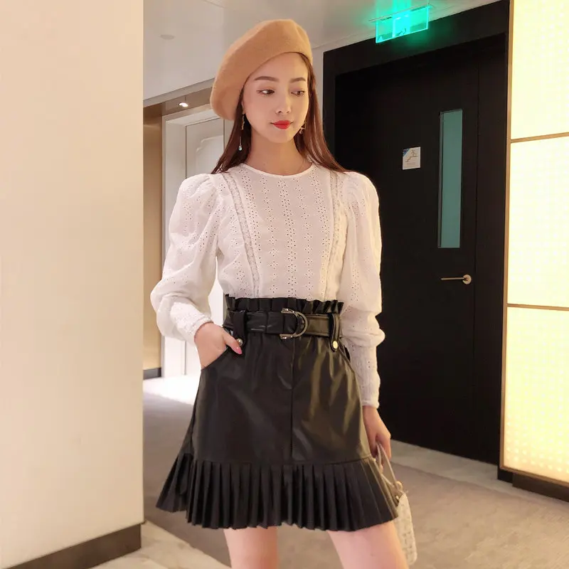 Black leather skirt Плиссированные юбки с высокой талией, мини сексуальные короткие юбки, Корейская панк-юбка, элегантные кожаные юбки, Женская юбка из искусственной кожи с карманами - Цвет: Black leather skirt