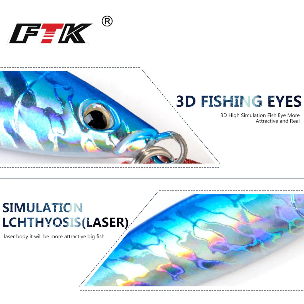 FTK 80/100/150g 3D Eyes Hard Metal Jigging Fishing Lure 98-118mm Slow Sinking Micro Jig Sea Boat Fishing Bait With Assist Hook