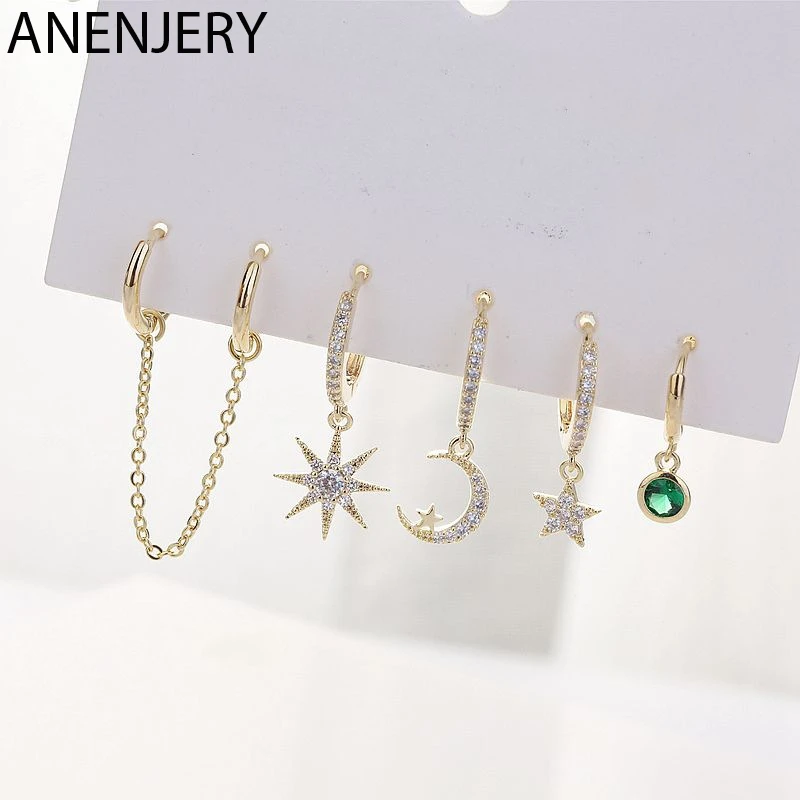 ANENJERY Silver Color 5-piece Earrings Sets Mosaic Cubic Zircon Moon Star Double Ear Hole Hoop For Women | Украшения и аксессуары