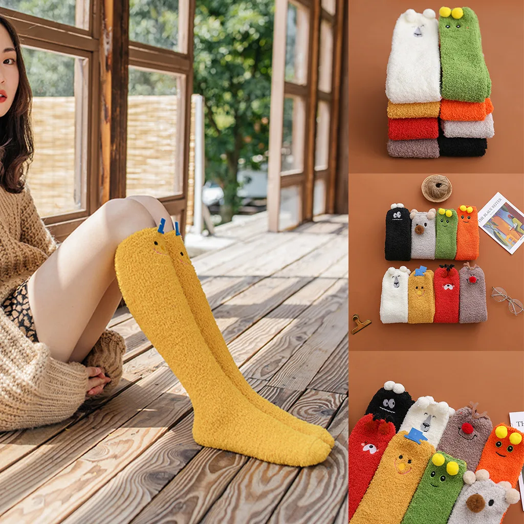 5 пар, Женские Длинные коралловые бархатные носки до середины икры теплые одноцветные рождественские носки для сна г. Зимние носки милые носки-Тапочки